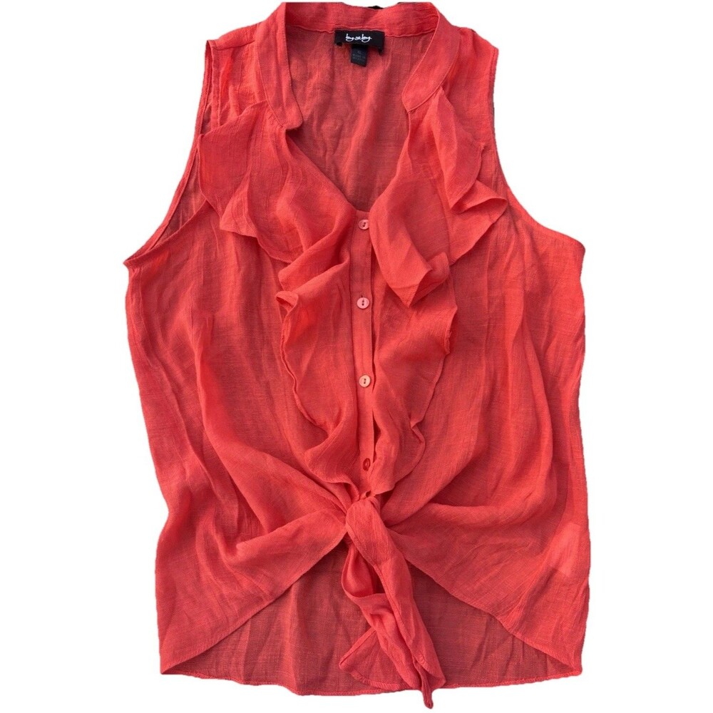 by & by Coral Ruffle Tie Front Sleeveless Blouse XL Rayon Blend Flaws